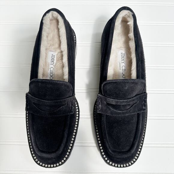 Jimmy Choo Deanna Shearling Lined Black Suede Crystal Loafers Slip On 37 - Picture 9 of 9